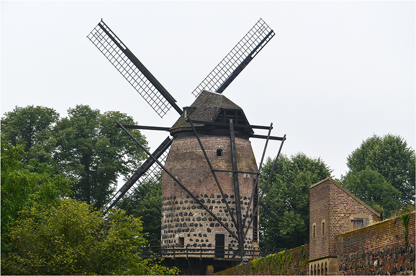 Zons - Windmühle
Die Mühle war bis 1907 noch voll in Betrieb. Nach der Zerstörung der Flügel durch einen
schweren Sturm 1909 und dem Verfall bzw. Abbau von Steert und Galerie in den folgenden
Jahren bestand der Mühlenturm über 40 Jahre nur noch als Torso, bis die Mühle 1965/1966
von der damaligen Stadt Zons restauriert und mit Anbringung der Flügel, der Galerie
und dem Außenkrühwerk wieder in den alten Zustand versetzt wurde. 
laut hvv-zons.de
Schlüsselwörter: Zons Windmühle