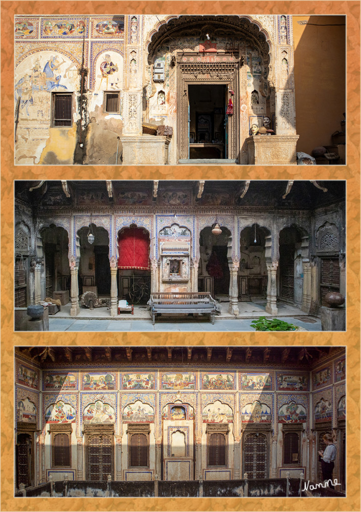 Mandawa Haveli
Als Haveli werden die palastartig ausgestalteten Wohnhäuser wohlhabender – meist muslimischer – Fernhändler im Norden Indiens und in Pakistan bezeichnet. Der Name stammt aus dem Arabischen und bedeutet so viel wie „umbauter Platz“; wahrscheinlich vermittelt über das nahezu gleichlautende persische Wort hawli gelangte der Begriff bis nach Indien. Die Havelis von Rajasthan gehören zu den kulturhistorisch bedeutsamsten. lt. Wikipedia
Schlüsselwörter: 2024