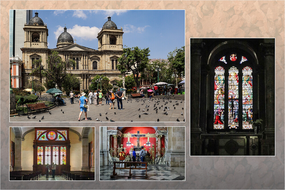 2 Bolivien La Paz  Plaza Murillo
Die Kathedrale von La Paz oder Kathedralbasilika Unserer Lieben Frau vom Frieden (spanisch Catedral basílica de Nuestra Señora de La Paz) ist eine römisch-katholische Kirche am bolivianischen Regierungssitz La Paz. Die Kathedrale ist Sitz des Erzbistums La Paz mit dem Patrozinium Unserer Lieben Frau vom Frieden trägt zusätzlich den Titel einer Basilica minor. laut Wikipedia
Schlüsselwörter: La Paz