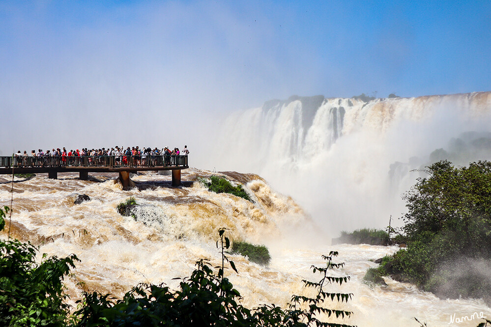 4 Brasilien - Iguazú-Wasserfälle
Der Hauptwasserfall (bzw. das Hauptwasserfallsystem) wird umgangssprachlich Garganta del Diablo (spanisch) beziehungsweise Garganta do Diabo (portugiesisch) oder „Teufelsschlund“ genannt und ist eine U-förmige, 150 Meter breite und 700 Meter lange Schlucht. laut Wikipedia
Ein paar Tage später war diese Aussichtsplattform gesperrt da sich der Wasserstand weiter erhöht hatte.
Schlüsselwörter: Iguazu